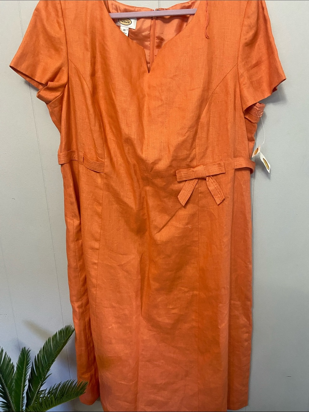 NWT Vtg Talbots Orange Short-Sleeve Midi Linen DressWaist Bows. Toggle broke.